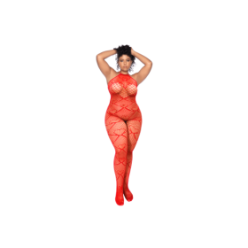 Bodystocking grande taille en résille rouge à motif cœur, orné de strass, ouvert à l’entrejambe - Mapalé